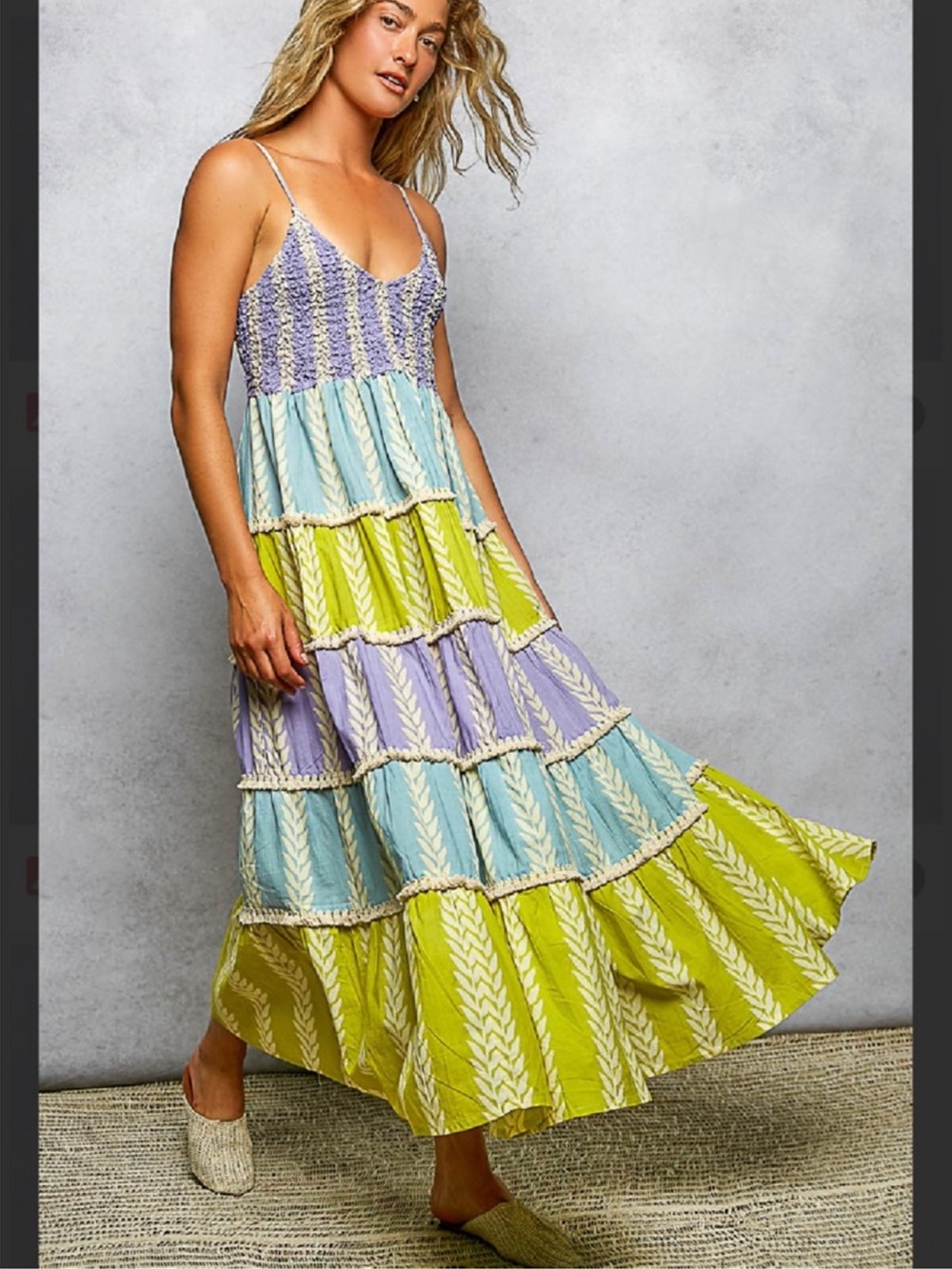 New: POL Multicolor Tiered Lace Tassel Detail Smocked Bodice Maxi Dress• Small - Picture 2 of 5